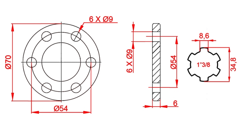 P.T.O. ADAPTER MED FLANGE 6 HULL  1 3/8