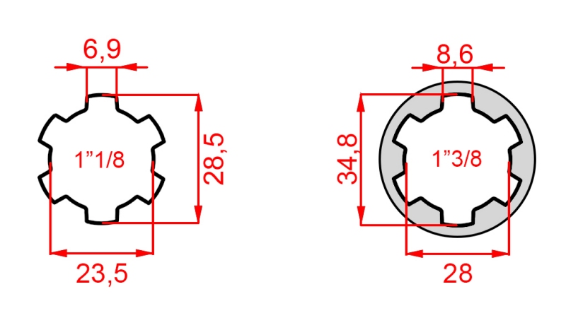KARDANADAPTER MED PINNE FRA 1-3/8 TIL 1-1/8 (150 mm)