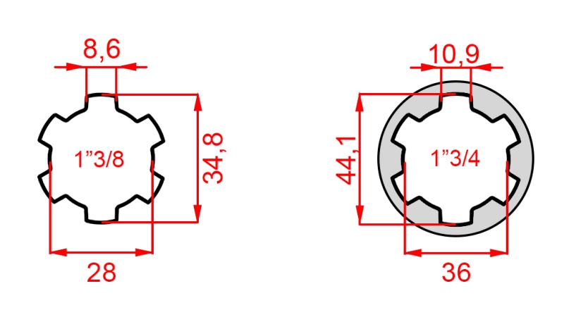 KARDANADAPTER MED PINNE FRA 1-3/4 TIL 1-3/8 (165 mm)