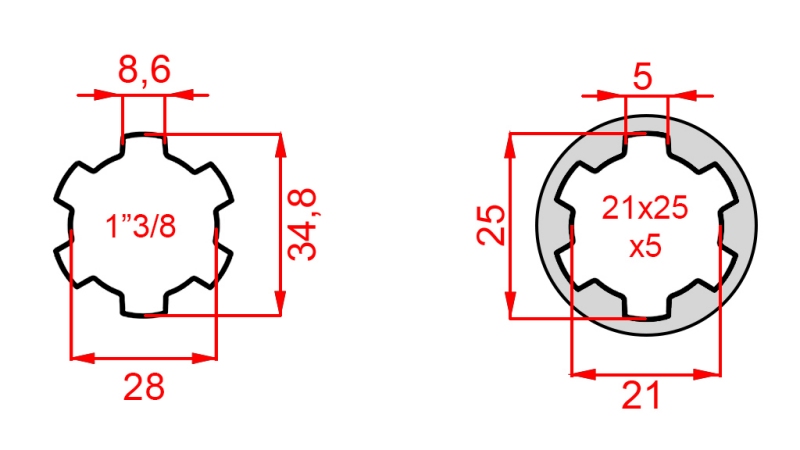KARDANADAPTER FRAN 21x25x5 (6 SPLINES) TILL 1-3/8 (140 mm)