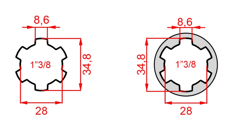 KARDANADAPTER MED PINNE FRAN 1-3/8 TILL 1-3/8 (150 mm)