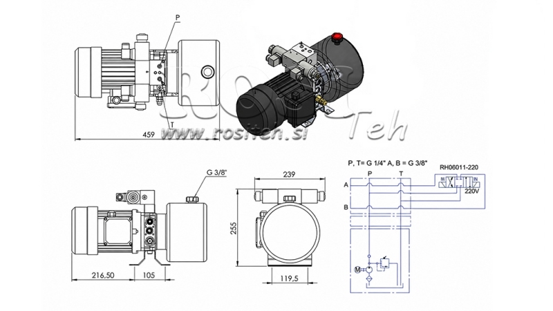 MINI CENTRALE HYDRAULIQUE 380V AC (0.75 kW) - 3.7 cc - 5.2 lit/min - réservoir 4 lit