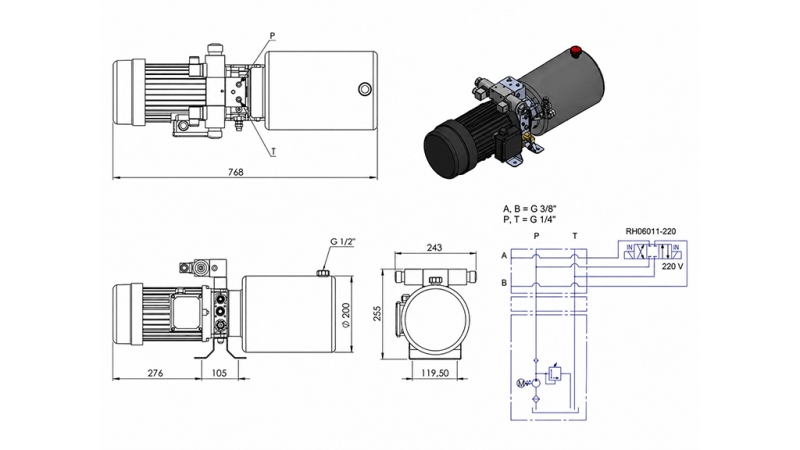 MINI CENTRALE HYDRAULIQUE 380V AC (2.2 kW) - 8.0 cc - 11.2 lit/min - réservoir 12 lit