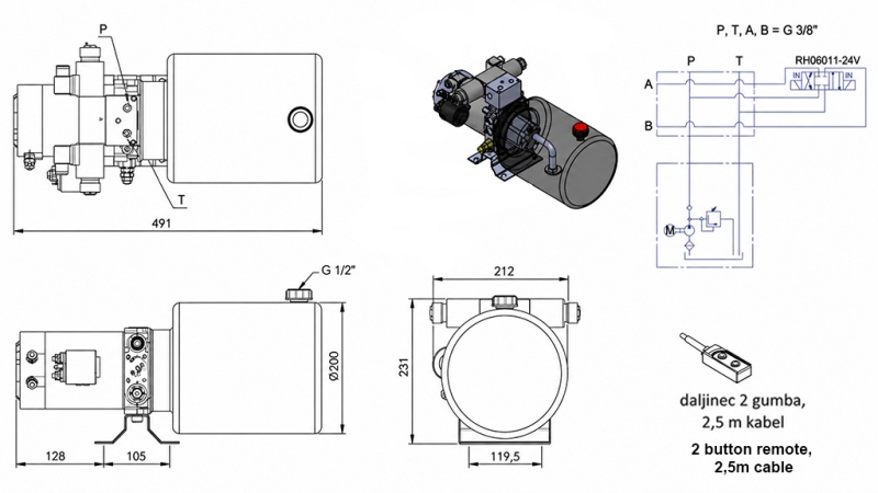 MINI HYDRAULIKAGGREGAT 24V DC - 2,2kW = 2,1cc - 8 lit - Doppelwirkende Funktion (Metallgehäuse)