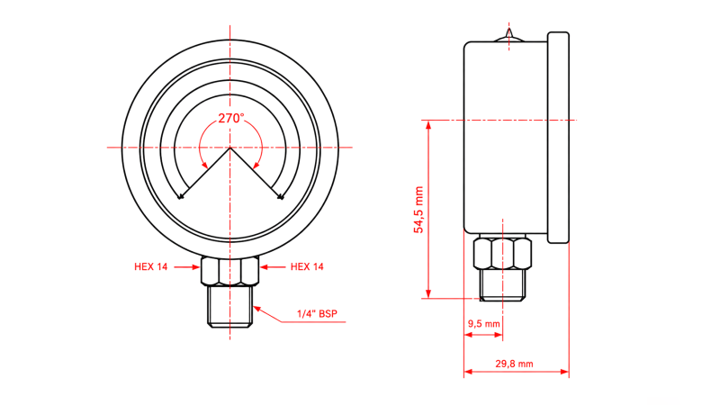 VAKUUMMETAR DN63 VERTICAL -1 - 0 BAR - 1/4