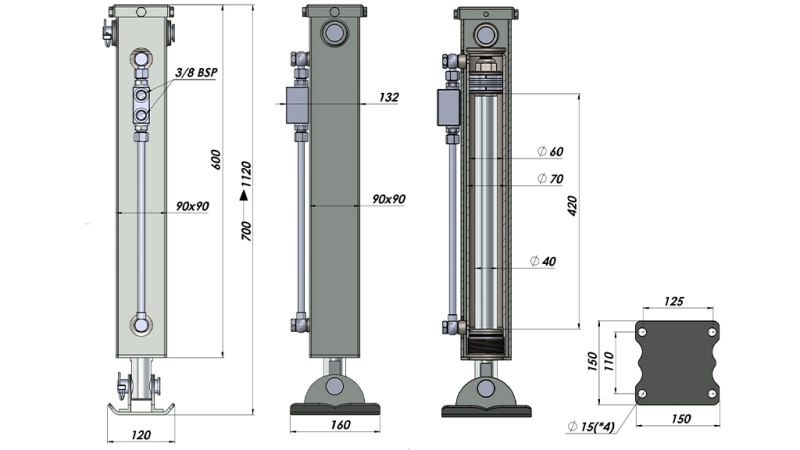 PIEDINO DI SUPPORTO IDRAULICO A DOPPIO EFFETTO (90x90x700 mm) - CORSA 420 mm - 2.500 kg