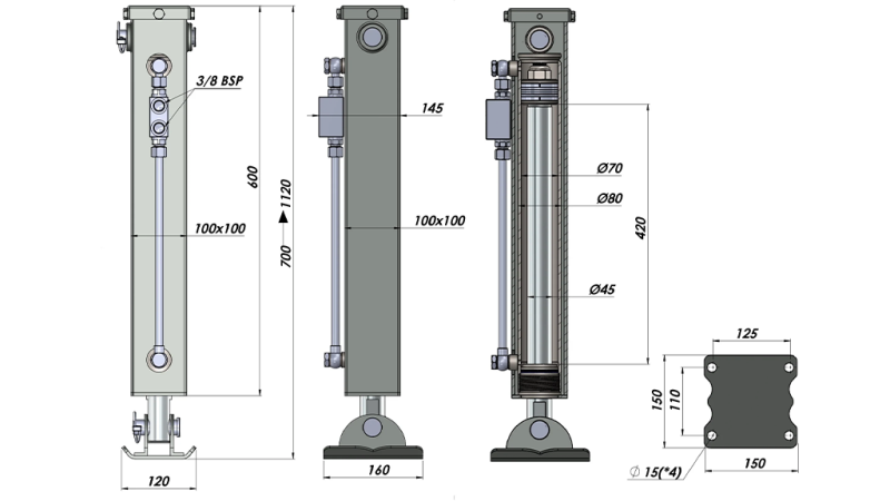 PIEDINO DI SUPPORTO IDRAULICO A DOPPIO EFFETTO (100x100x700 mm) - CORSA 420 mm - 5.000 kg