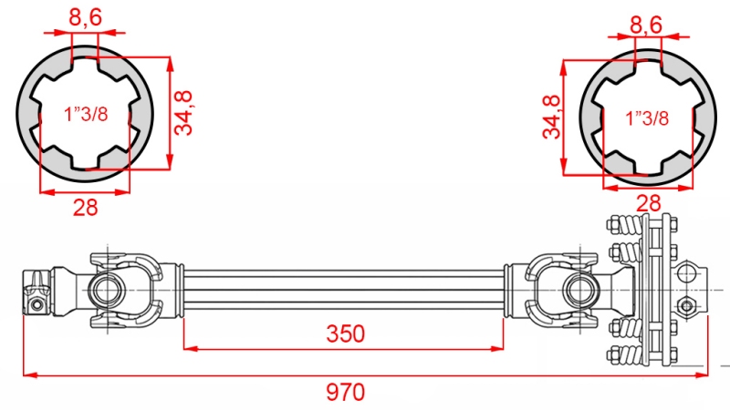 ECO KARDANOVÝ HŘÍDEL 970mm 70-110HP S TŘECÍ SPOJKOU