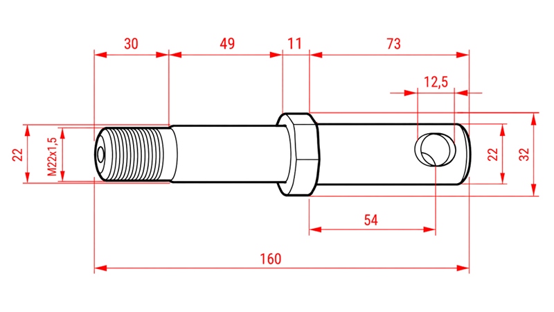 MOUNTING PIN Φ22MM EXTENDED WITH THREAD M22X1.5
