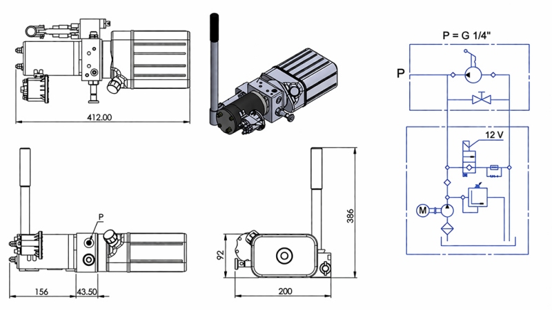 MINI HYDRAULIKAGGREGAT 12V DC - 0,8kW = 0,5cc - 1,5 lit - Einfachwirkende Funktion (PVCgehäuse)
