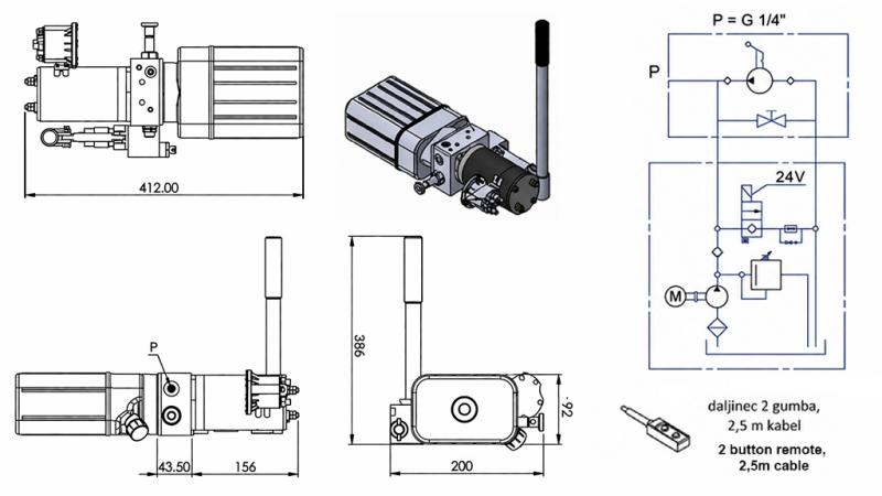 MINI HÜDRAULILINE ÜKSUS 24V DC - 0.8KW = 0.5CC - 1.5 LIITRID - ÜHEKÜLGNE ÜKSUS (PVC) KÄSIPUMPAGA