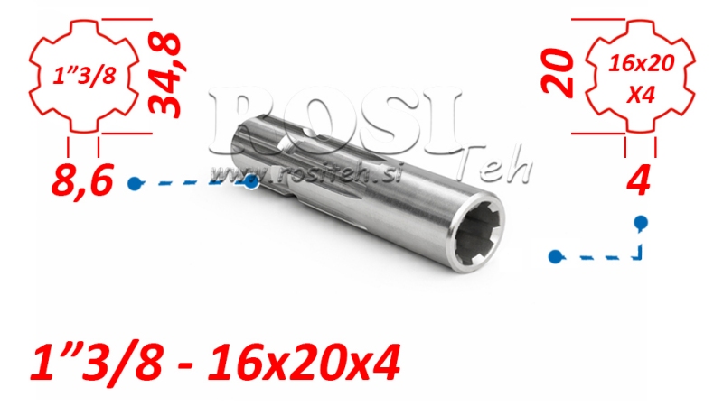 ZAPFWELLENADAPTER VON 16x20x4 (6 VERZAHNUNGEN) AUF 1-3/8 (120 mm)