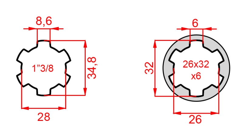 ZAPFWELLENADAPTER VON 26x32x6 (6 VERZAHNUNGEN) AUF 1-3/8 (145 mm)