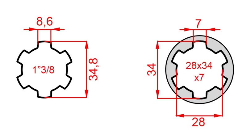 ZAPFWELLENADAPTER VON 28x34x7 (6 VERZAHNUNGEN) AUF 1-3/8 (145 mm)