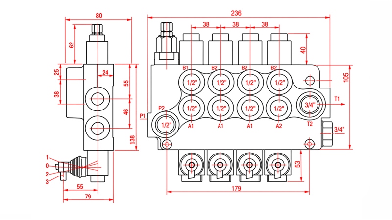 HYDRAULISCHES HANDVENTIL – 4-SEKTIONEN-STEUERVENTIL 4xR80 ECO