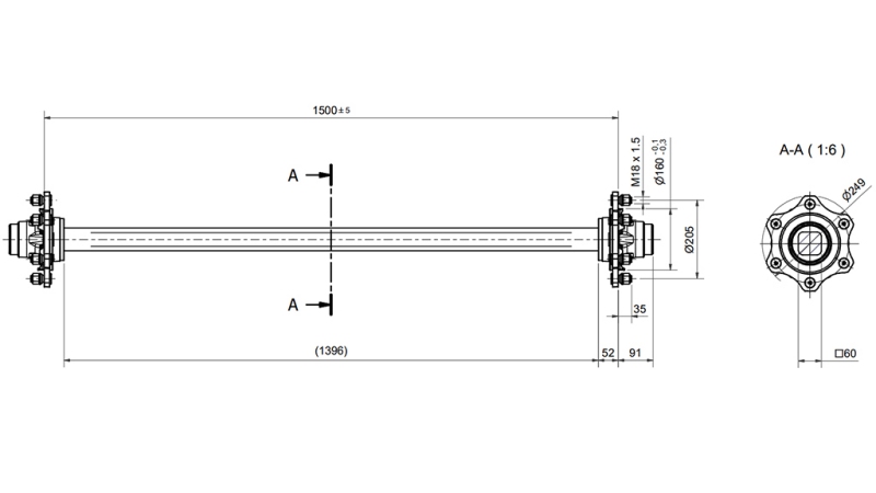 ACHSE FÜR ANHÄNGER 4800 kg OHNE BREMSEN (1500 mm)