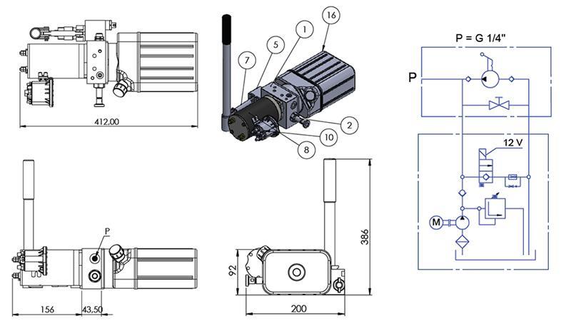 MINI HYDRAULICKÝ AGREGÁT 12V DC - 0.8kW = 0.5cc - 1.5 lit - jednofázová jednotka (PVC) s manuálnou pumpou