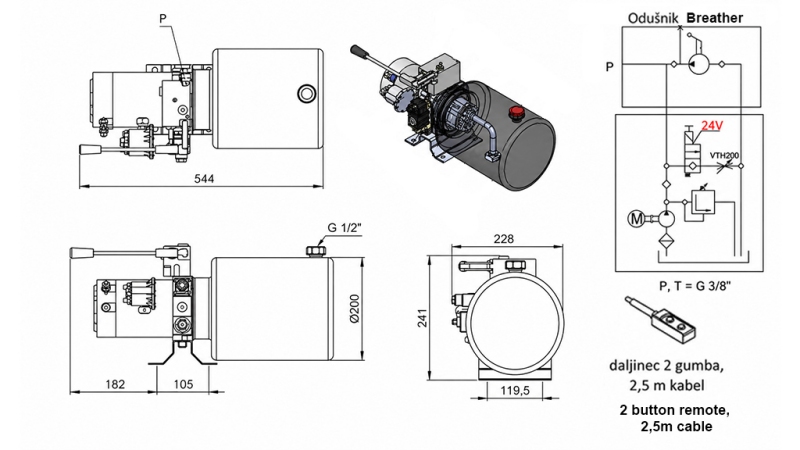 MINI AGGREGATO CILINDRICO 24V DC - 2,2kW = 2,1cc - 8 lit - montaggio unidirezionale CON POMPA A MANO