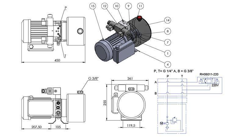 MINI HYDRAULISK AGGREGAT 230V AC (0.75 kW) - 3.7 cc - 5.2 lit/min - tank 4 lit