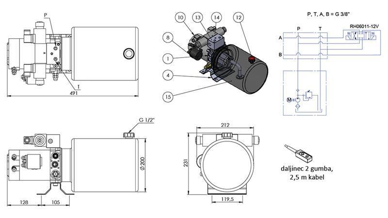MINI HYDRAULICKÝ AGREGÁT 12V DC - 1.6kW = 2.1cc - 8 lit - obousměrná montáž (kov)