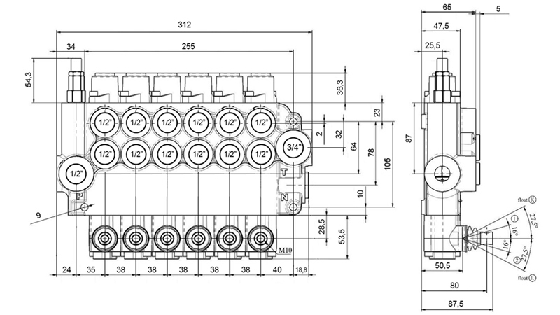 MANUAL HYDRAULIC VALVE MONOBLOCK 6xZ80