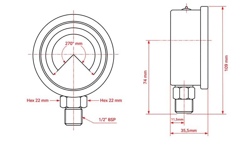 MANOMETER DN100 VERTICAL 0 - 12 BAR - 1/2