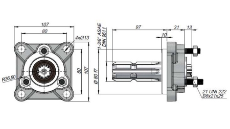 ADAPTADOR P.T.O. PARA BOMBA DE HIERRO FUNDIDO UNI - 3 BOLTS
