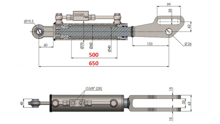 2TON. HYDRAULINEN KALLISTUSSYLINTERI NIVELPÄÄLLÄ 60/40-150 (500MM-650MM)