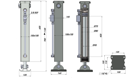 PIEDINO DI SUPPORTO IDRAULICO A DOPPIO EFFETTO (100x100x700 mm) - CORSA 420 mm - 5.000 kg