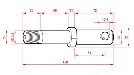 MOUNTING PIN Φ22MM EXTENDED WITH THREAD M22X1.5