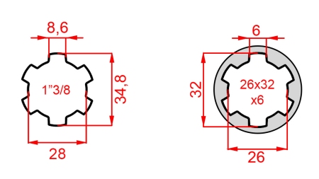 ZAPFWELLENADAPTER VON 26x32x6 (6 VERZAHNUNGEN) AUF 1-3/8 (145 mm)