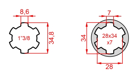 ZAPFWELLENADAPTER VON 28x34x7 (6 VERZAHNUNGEN) AUF 1-3/8 (145 mm)