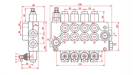 HYDRAULISCHES HANDVENTIL – 4-SEKTIONEN-STEUERVENTIL 4xR80 ECO