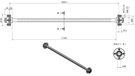 EIXO PARA REBOQUE 950 KG SEM FREIO (1200 MM)