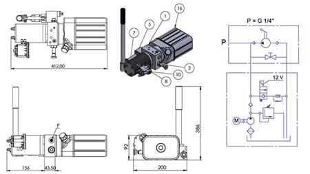 MINI HYDRAULICKÝ AGREGÁT 12V DC - 0.8kW = 0.5cc - 1.5 lit - jednofázová jednotka (PVC) s manuálnou pumpou
