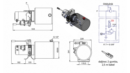 MINI HYDRAULIKAGGREGAT 12V DC - 1.6kW = 2.1cc - 8 liter - enfas enhet MED MANUELL PUMP