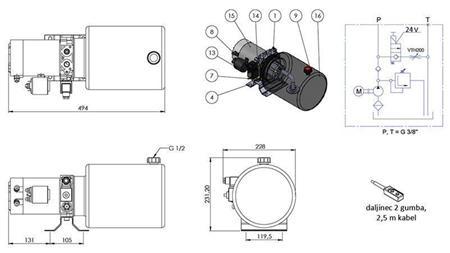 AGGREGAT HYDRAULIQUE MINI 24V CC - 2.2kW = 2.1cc - 8 lit - assemblage à direction unique (métal)