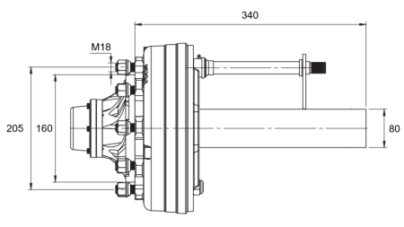 HALBACHSE MIT BREMSEN - 4400 kg (6 SCHRAUBEN) - 340 mm
