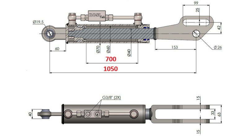 2TON. HYDRAULICKÝ TŘETÍ BOD POINT 60/40-350 (700MM-1050MM)