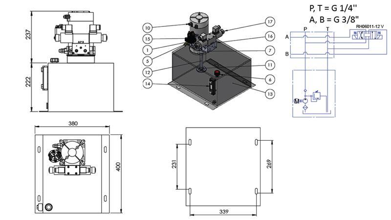 MINI HYDRAULIC POWER-PACK 12V DC - 1,6kW = 2,1cc - 25 lit - two way assembly (metal)