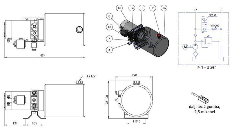 AGREGAT HIDRAULIC MINI 12V DC - 1.6kW = 2.1cc - 8 lit - asamblare în direcție unică (metal)