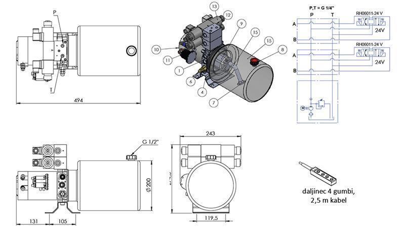 MINI HIDRAVLIČNI AGREGAT 24V DC - 2,2kW = 2,1cc - 8 lit - 2x dvosmerni sklop (kovinski)