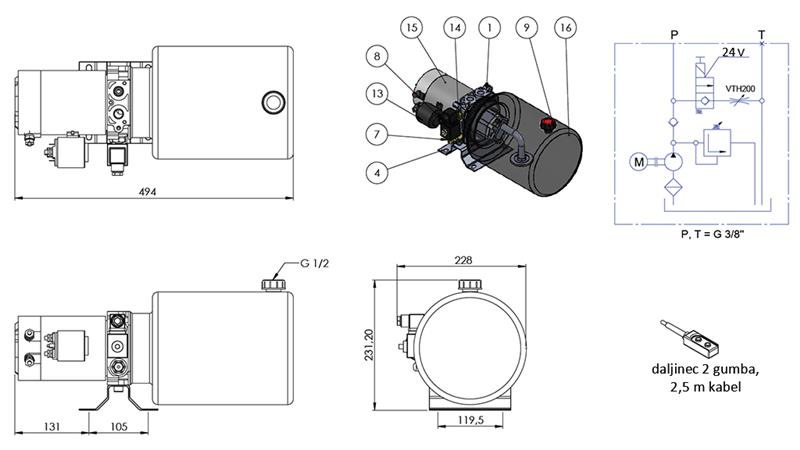 MINI AGGREGATO CILINDRICO 24V DC - 2,2kW = 2,1cc - 8 lit - montaggio unidirezionale (metallico)