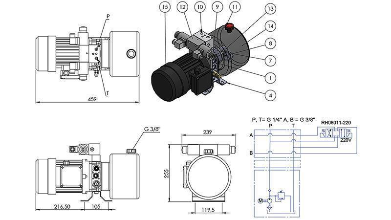 MINI HYDRAULIKAGGREGAT 380V AC (0,75 kW) - 3,7 cc - 5,2 lit/min - Tank 4 lit