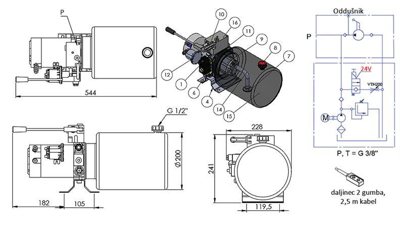 MINI HIDRAULIKUS EGYSÉG 24V DC - 2,2kW = 2,1cc - 8 világító - egyirányú egység KÉZI SZIVATTYÚVAL