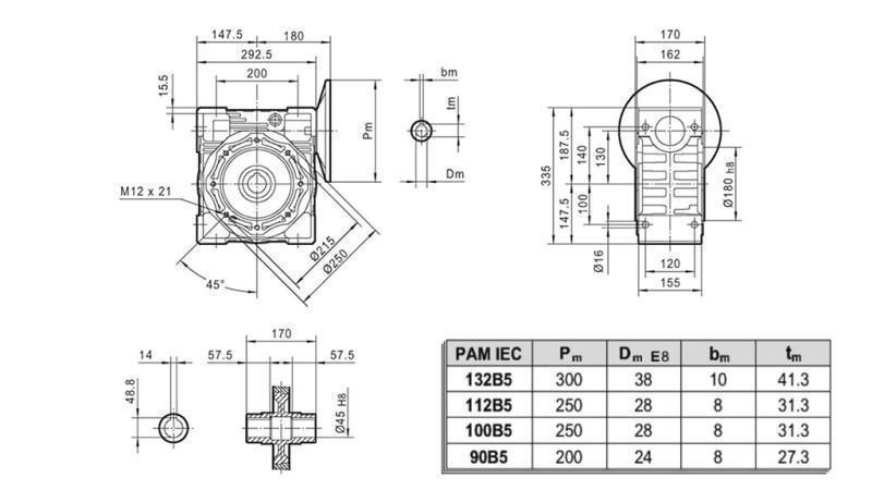 PMRV-130 ÜBERSETZUNGSGETRIEBE FÜR ELEKTROMOTOR MS132 (5,5-7,5kW) VERHÄLTNIS 20:1