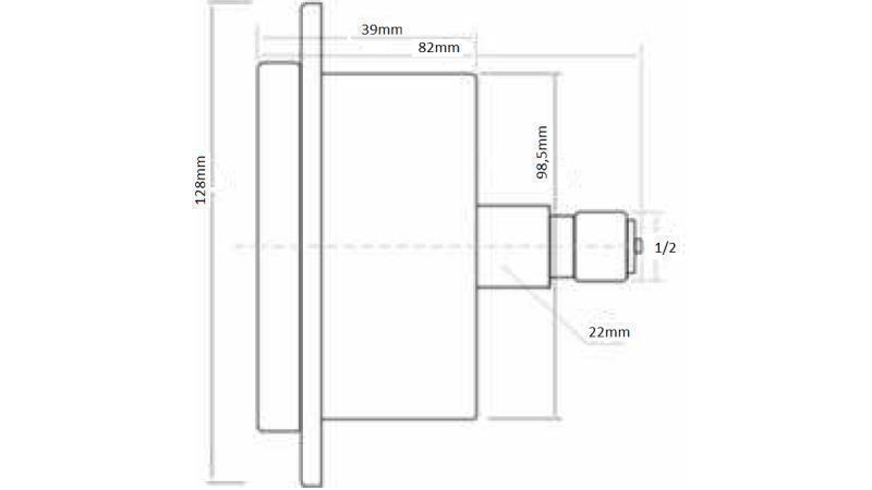 MANOMETER DN100 ACHTER 0 - 60 BAR - 1/2-afmetingen