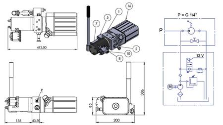 MINI HYDRAULIC POWER-PACK 12V DC - 0,8kW = 0,5cc - 1,5 lit - one way assembly (PVC) with HAND PUMP