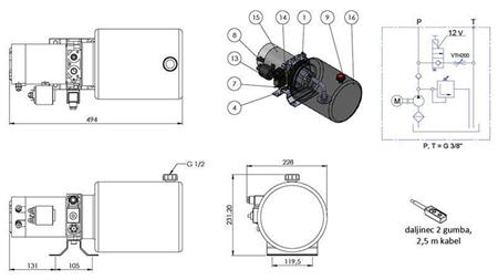 AGREGAT HIDRAULIC MINI 12V DC - 1.6kW = 2.1cc - 8 lit - asamblare în direcție unică (metal)