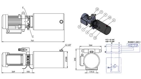 MINI HYDRAULIKAGGREGAT 230V AC (2,2 kW) - 8,0 cc - 11,2 lit/min - tank 12 lit